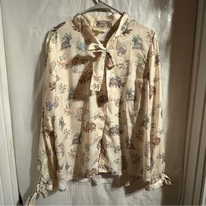 ModCloth Dinosaur Top Womens Sz XL All Over Print Tie Front Long Sleeve Teacher